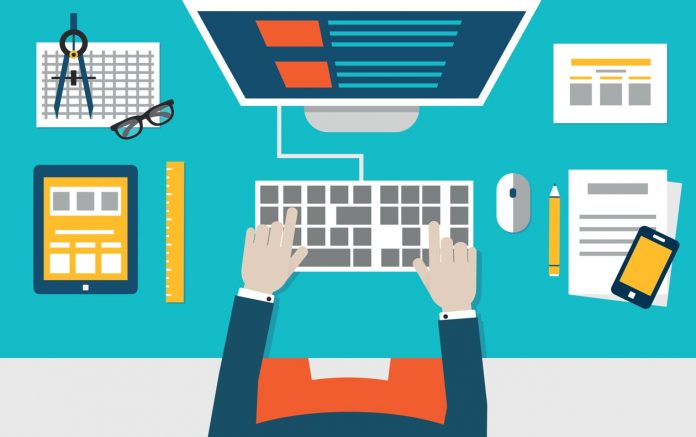 Vector flat illustration of process coding and programming mobile applications for devices. Design and programming
