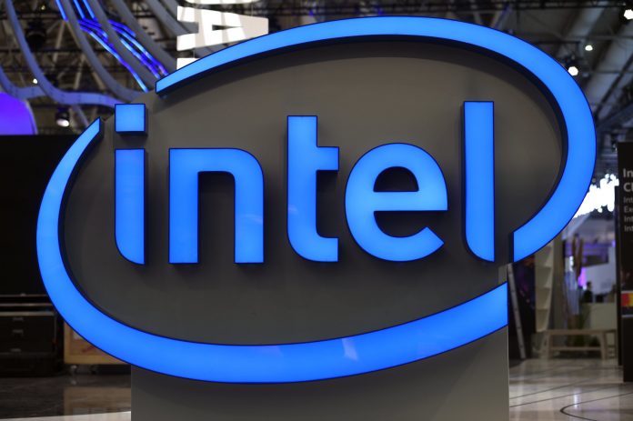 Intel's logo is pictured during preparations at the CeBit computer fair in Hanover